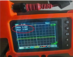 Figure 2 - This same switched-ignition PCM feed circuit would measure 12V with the key on. However, the anticipated 0V at key-off didn’t occur. As can be seen, nearly 5V is present. Figure 2 - This same switched-ignition PCM feed circuit would measure 12V with the key on. However, the anticipated 0V at key-off didn’t occur. As can be seen, nearly 5V is present.