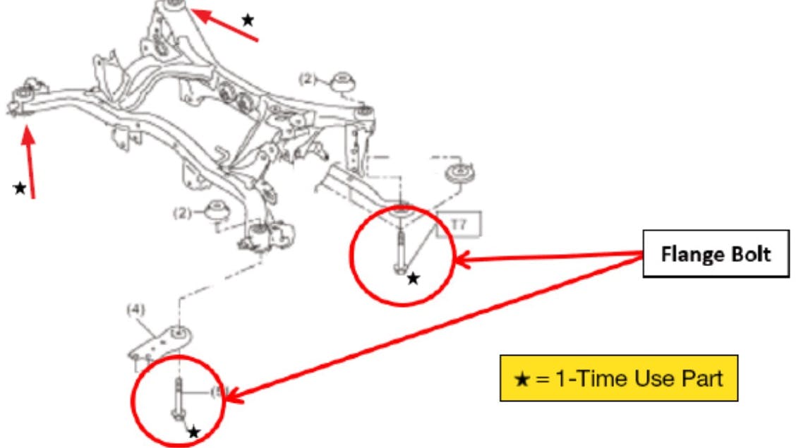 The rear subframe features four retaining bolts. Always use the new upgraded bolts.