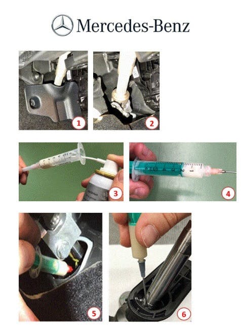 1 & 2: Remove the steering column lower cover. 3 & 4: Add lube to syringe. 5 & 6: Apply lube to the inside of the seal.
