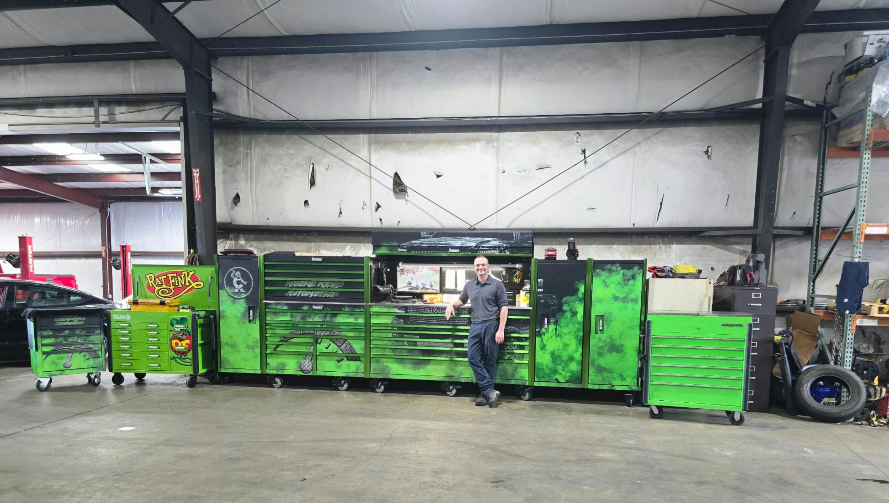 Moore's toolbox setup spans across three brands: Cornwell, Matco, and Snap-on.