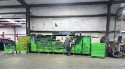 Moore's toolbox setup spans across three brands: Cornwell, Matco, and Snap-on.