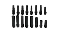 eight narrow black metal lug nut keys above eight wider black metal lug nut keys eight narrow black metal lug nut keys above eight wider black metal lug nut keys