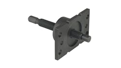 a black threaded rod is midway inserted into a palm-sized black metal square with holes on the edge a black threaded rod is midway inserted into a palm-sized black metal square with holes on the edge