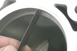 With a ring squared in the bore, use a feeler gauge to measure end gap. Refer to the service manual or piston ring maker for recommended gap. With a ring squared in the bore, use a feeler gauge to measure end gap. Refer to the service manual or piston ring maker for recommended gap.