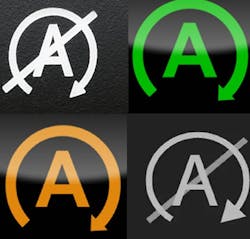 These four Start-Stop dash icons show various system statuses. Top left: The system has been manually turned off by the driver. Top right: The system is active and will shut the engine off when conditions are met. Bottom left: Start-Stop is temporarily unavailable due to system inputs (like battery SOC or HVAC demand). Bottom right: The system is automatically disabled due to a fault or blocked condition. These four Start-Stop dash icons show various system statuses. Top left: The system has been manually turned off by the driver. Top right: The system is active and will shut the engine off when conditions are met. Bottom left: Start-Stop is temporarily unavailable due to system inputs (like battery SOC or HVAC demand). Bottom right: The system is automatically disabled due to a fault or blocked condition.