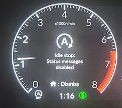 This dash display from a Honda shows the Idle Stop (Start-Stop) system status inside the tachometer. The message “Idle stop: Status messages disabled” appears when the system is has been manually deactivated by the driver using the button. This dash display from a Honda shows the Idle Stop (Start-Stop) system status inside the tachometer. The message “Idle stop: Status messages disabled” appears when the system is has been manually deactivated by the driver using the button.