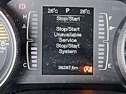 This message on the dash of a Jeep indicates that the Stop/Start system is currently unavailable and requires service. The orange “A!” warning icon confirms a fault in the system. Common causes include low battery state of charge, battery degradation, sensor faults, or communication issues within the system. A scan tool is required to pull DTCs and begin diagnostics. This message on the dash of a Jeep indicates that the Stop/Start system is currently unavailable and requires service. The orange “A!” warning icon confirms a fault in the system. Common causes include low battery state of charge, battery degradation, sensor faults, or communication issues within the system. A scan tool is required to pull DTCs and begin diagnostics.