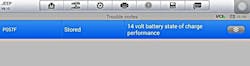 This scan tool screenshot shows a stored DTC P057F on a Jeep, which stands for “14 Volt Battery State of Charge Performance.” This code often points to a degraded main or auxiliary battery, or a fault with the Intelligent Battery Sensor (IBS). This DTC commonly disables the Stop/Start system until the battery is tested, replaced, and the code is cleared. This scan tool screenshot shows a stored DTC P057F on a Jeep, which stands for “14 Volt Battery State of Charge Performance.” This code often points to a degraded main or auxiliary battery, or a fault with the Intelligent Battery Sensor (IBS). This DTC commonly disables the Stop/Start system until the battery is tested, replaced, and the code is cleared.