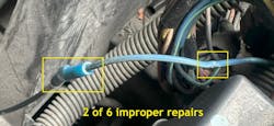 Figure 2- Unfortunately, many technicians don’t realize the impact shotty circuity repairs can have on a diagnosis. Technician-induced faults can be some of the most difficult to find. In this case, at least six additional faults were created due to improper repair. Figure 2- Unfortunately, many technicians don’t realize the impact shotty circuity repairs can have on a diagnosis. Technician-induced faults can be some of the most difficult to find. In this case, at least six additional faults were created due to improper repair.