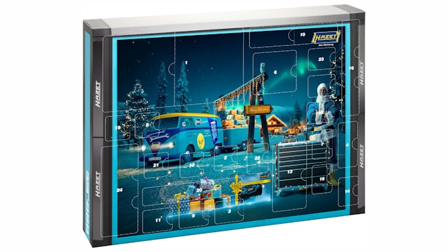 an advent calendar with a picture of Santa, a van, and presents in the snow with a HAZET color theme