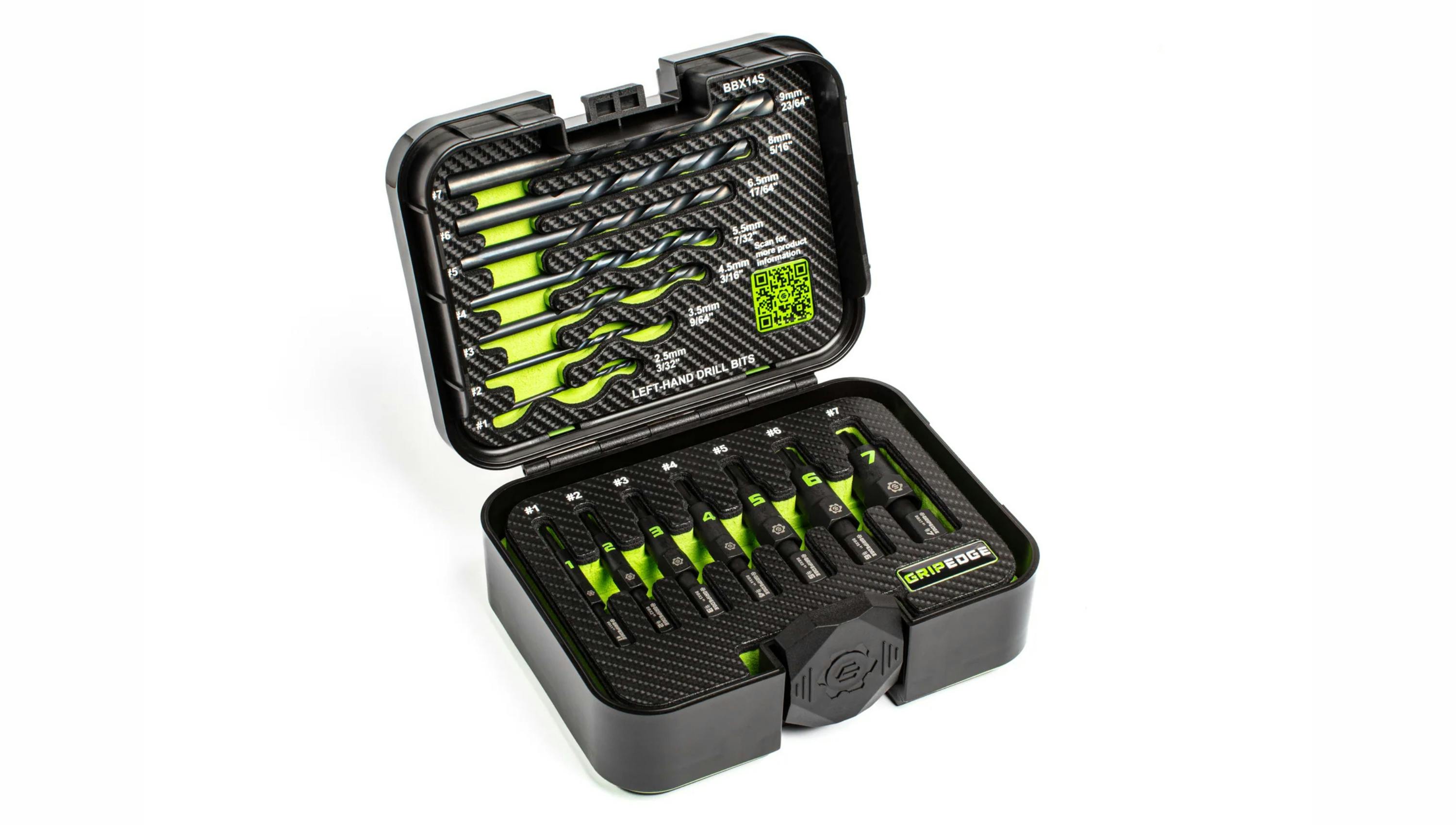 a set of drill bits in a black and green foam insert in a plastic case