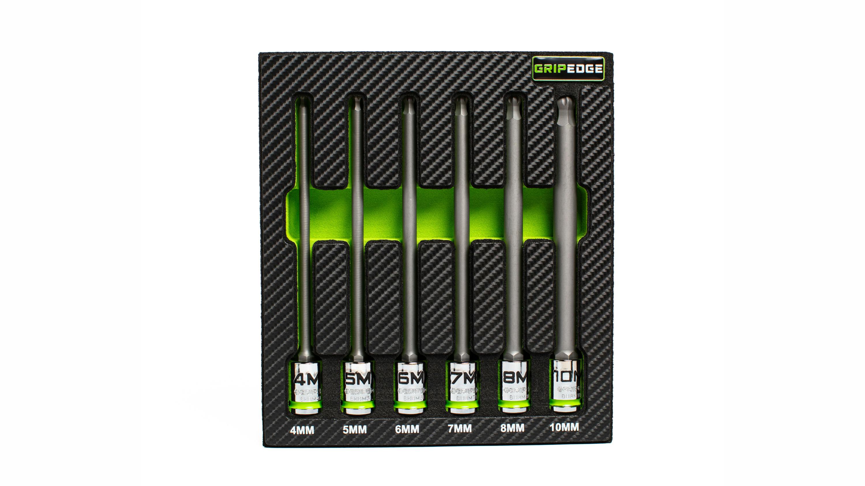 a set of six long ball hex drivers in a black foam organizer