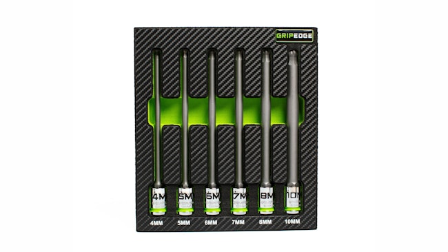 a set of six long ball hex drivers in a black foam organizer