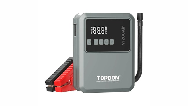 a rectangular grey box with an LCD screen and jump cables