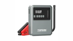 a rectangular grey box with an LCD screen and jump cables a rectangular grey box with an LCD screen and jump cables