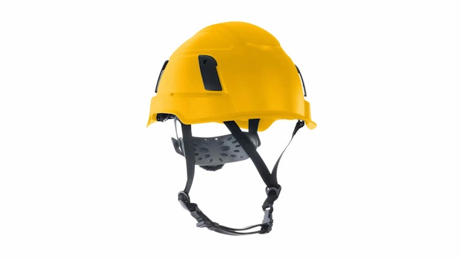 a yellow hard hat with fabric straps