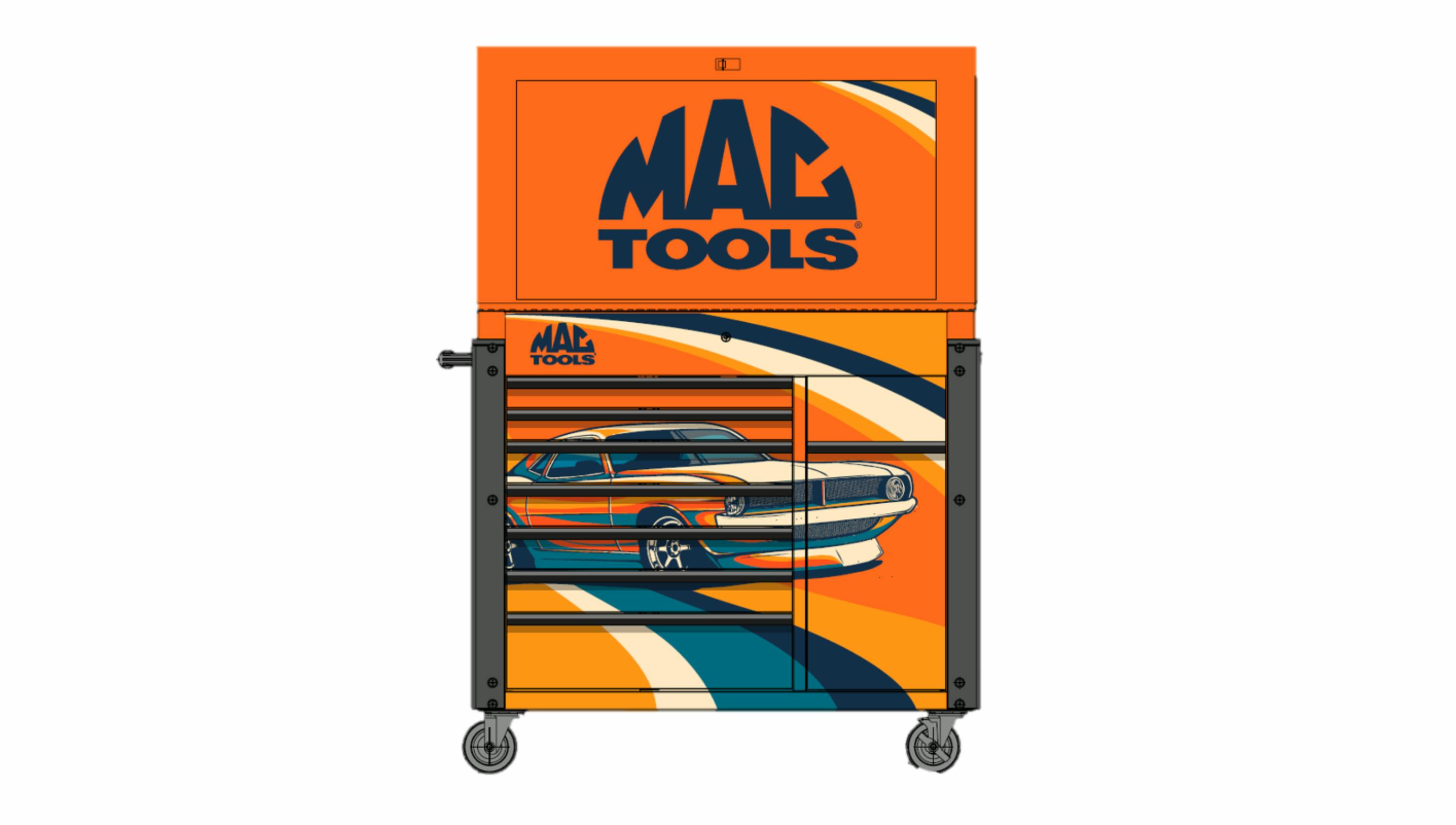 a Mac Tools toolbox with an orange and blue design with a muscle car on the front
