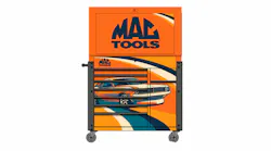 a Mac Tools toolbox with an orange and blue design with a muscle car on the front