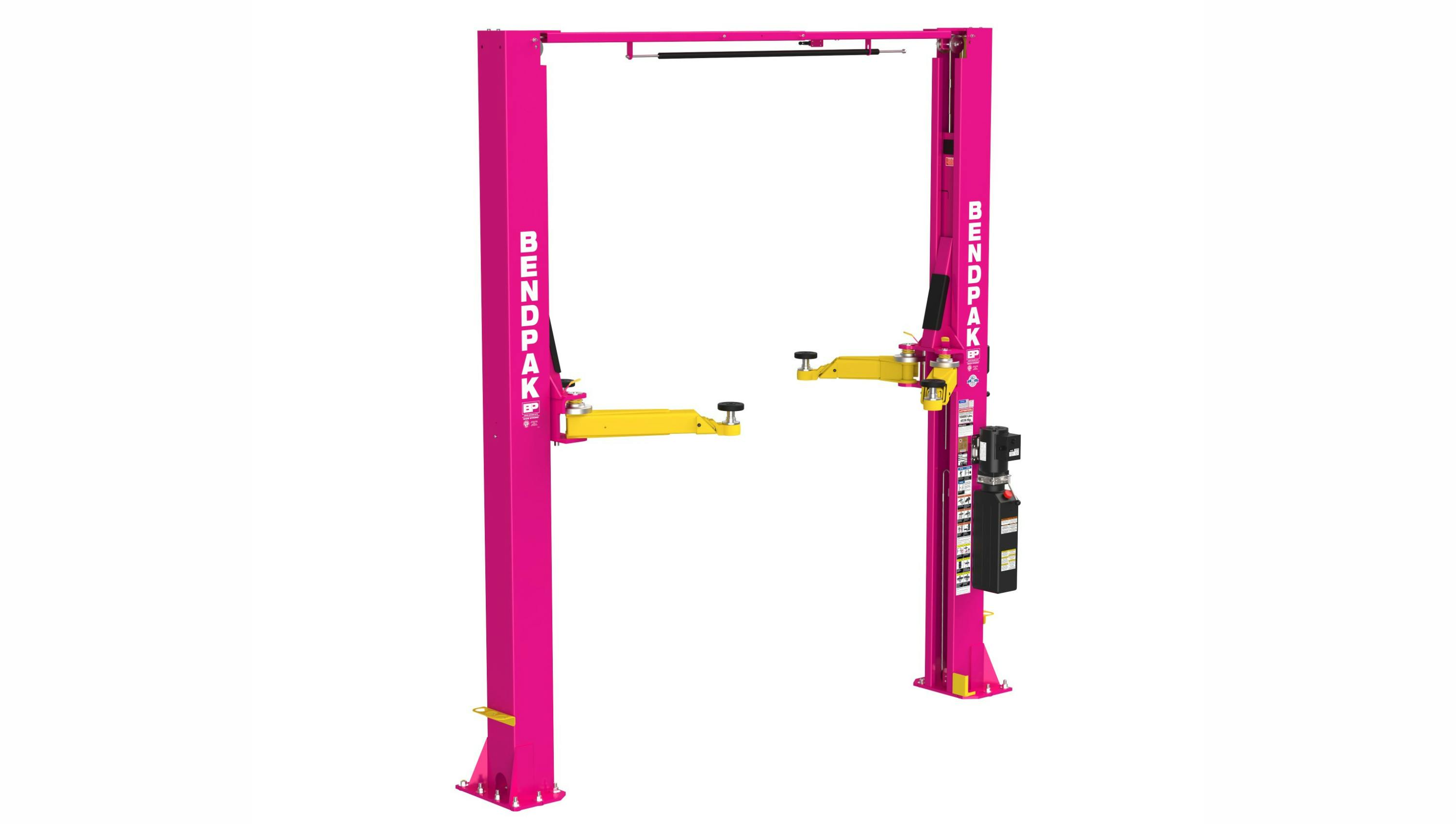 a BendPak vehicle lift with a pink paint job