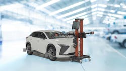 a white Lexus SUV with ADAS calibration equipment attached to its tires and in front of it a white Lexus SUV with ADAS calibration equipment attached to its tires and in front of it