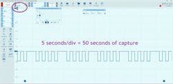 Figure 5 — A crankshaft position sensor (CKP) signal is being captured from an idling engine. With 50 seconds of capture time, there is more than sufficient sample rate to accurately display the sensor’s output. Figure 5 — A crankshaft position sensor (CKP) signal is being captured from an idling engine. With 50 seconds of capture time, there is more than sufficient sample rate to accurately display the sensor’s output.