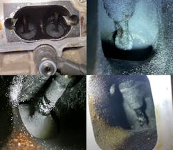 Examples of heavy carbon buildup on intake valves from GDI engines. With no fuel wash across the back of the valves, oil vapors and blow-by gases form stubborn deposits that restrict airflow, disrupt atomization, and lead to drivability complaints. Examples of heavy carbon buildup on intake valves from GDI engines. With no fuel wash across the back of the valves, oil vapors and blow-by gases form stubborn deposits that restrict airflow, disrupt atomization, and lead to drivability complaints.