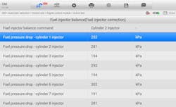 GM injector balance test results. Each injector is pulsed individually, and the fuel rail pressure drop is measured. Consistent drops across cylinders indicate balanced fueling, while low values (such as Cylinders 3, 5, and 7 here) suggest restricted or underperforming injectors. GM injector balance test results. Each injector is pulsed individually, and the fuel rail pressure drop is measured. Consistent drops across cylinders indicate balanced fueling, while low values (such as Cylinders 3, 5, and 7 here) suggest restricted or underperforming injectors.