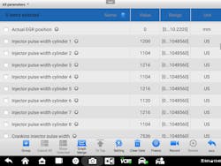 This screenshot from a 2019 GMC Sierra 5.3L displays Injector pulse width data by cylinder. Most cylinders command between ~1100–1216 µs, indicating relatively balanced fueling. Significant deviations from this pattern would suggest a cylinder-specific fueling issue. This screenshot from a 2019 GMC Sierra 5.3L displays Injector pulse width data by cylinder. Most cylinders command between ~1100–1216 µs, indicating relatively balanced fueling. Significant deviations from this pattern would suggest a cylinder-specific fueling issue.