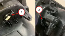 At left is an example of broken housing tabs. At right is an example of housing tabs holding the actuator. At left is an example of broken housing tabs. At right is an example of housing tabs holding the actuator.