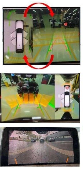 Top image: This shows the top view and rearview as incorrectly displayed (swapped) . Also, the camera icon and vertical gray line is seen in the rearview camera image. Middle image: Here the images are displayed in the correct position. Bottom image: Example of a good rearview image.
