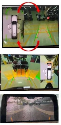 Top image: This shows the top view and rearview as incorrectly displayed (swapped) . Also, the camera icon and vertical gray line is seen in the rearview camera image. Middle image: Here the images are displayed in the correct position. Bottom image: Example of a good rearview image.