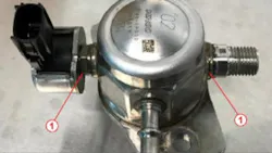Note the two potential areas of fuel odor on the high pressure fuel pump. Note the two potential areas of fuel odor on the high pressure fuel pump.