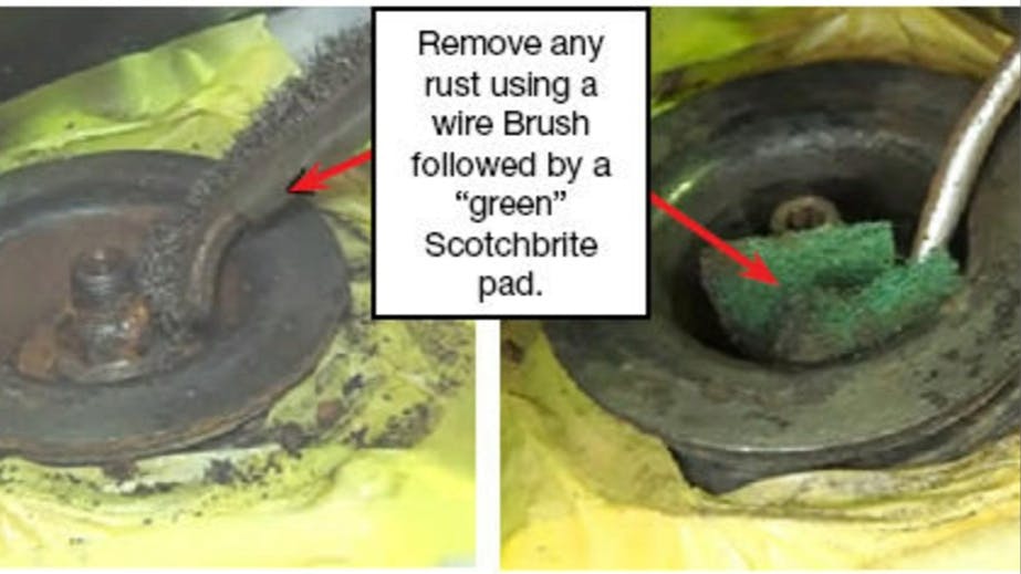 Clean the strut mounts with a wire brush and green Scotchbrite pads.