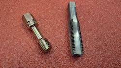 Reform, Don't Cut. Use a thread chaser (left) to reform threads. Cutting taps (right) remove critical material, weakening the joint and compromising the torque calculation. Reform, Don't Cut. Use a thread chaser (left) to reform threads. Cutting taps (right) remove critical material, weakening the joint and compromising the torque calculation.