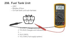 With the fuel pump connector unmated, the 12.5V present across the two supply terminals is deceiving. Although this value is correct, this static test doesn’t reflect the health of the circuit once a load is placed on it (when current is flowing through it). With the fuel pump connector unmated, the 12.5V present across the two supply terminals is deceiving. Although this value is correct, this static test doesn’t reflect the health of the circuit once a load is placed on it (when current is flowing through it).
