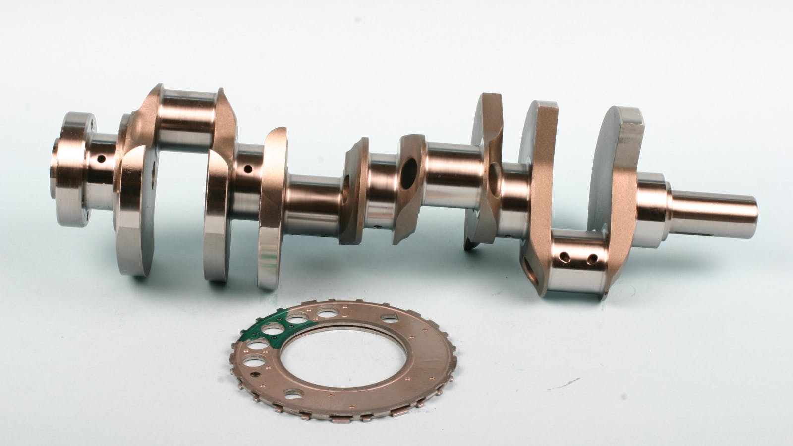 An example of a crankshaft that was purchased without a tone wheel. Depending on the crankshaft manufacturer, crankshafts are available without a tone wheel or with a wheel pre-installed.