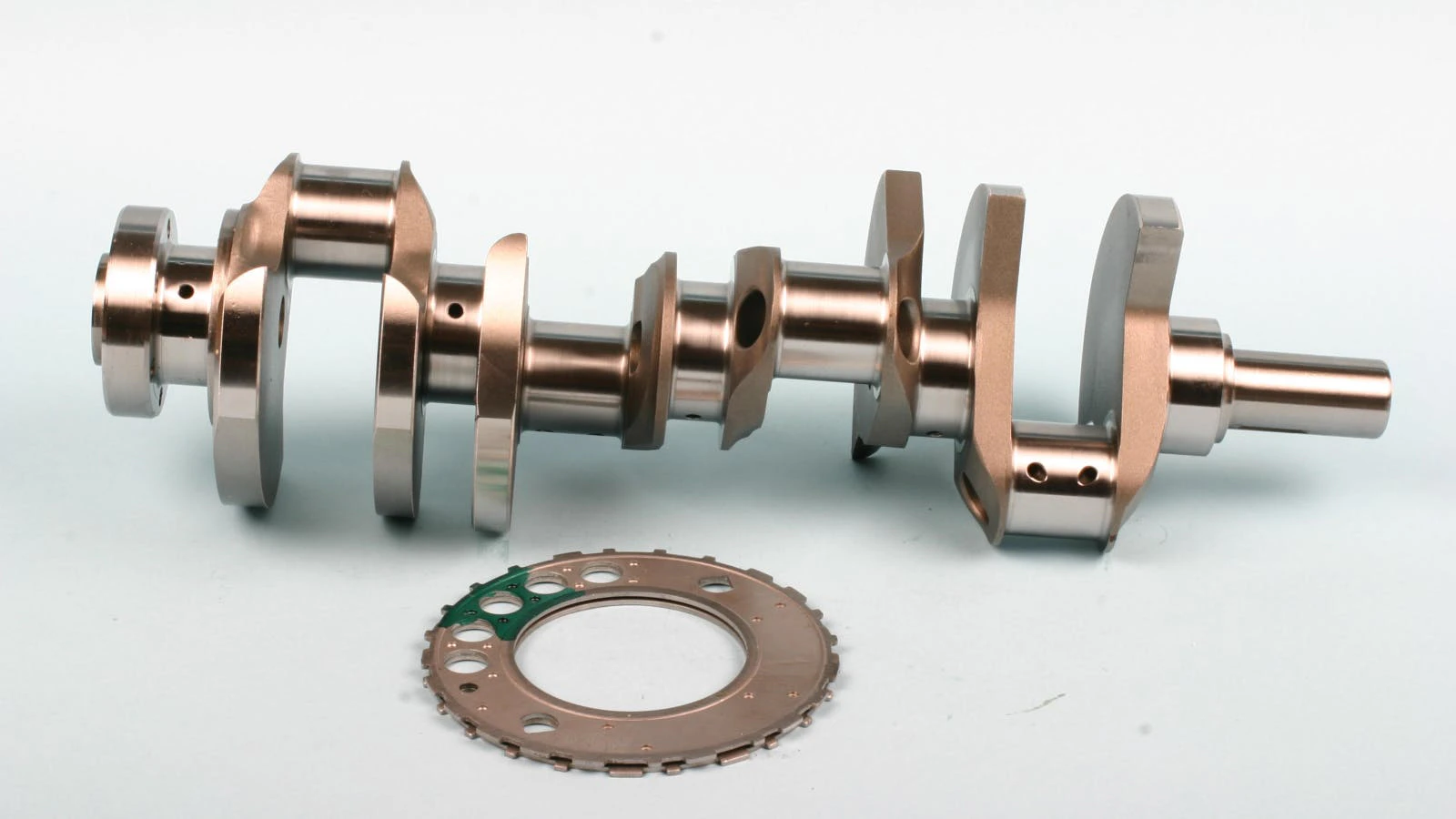 An example of a crankshaft that was purchased without a tone wheel. Depending on the crankshaft manufacturer, crankshafts are available without a tone wheel or with a wheel pre-installed.