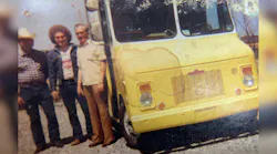 Danny Stratton (middle), his father, Harlan Stratton (left), and his first customer, Bruce Stratton (right), on April 20, 1980.