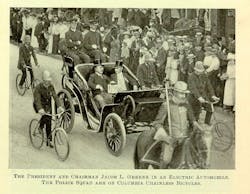 Theodore Roosevelt makes history in Hartford, Connecticut, on August 22, 1902, as the first president to participate in an official public procession via automobile. He is seen here riding in a Columbia Electric Victoria Phaeton, accompanied by a diverse security detail of horseback riders and bicycle police. Theodore Roosevelt makes history in Hartford, Connecticut, on August 22, 1902, as the first president to participate in an official public procession via automobile. He is seen here riding in a Columbia Electric Victoria Phaeton, accompanied by a diverse security detail of horseback riders and bicycle police.
