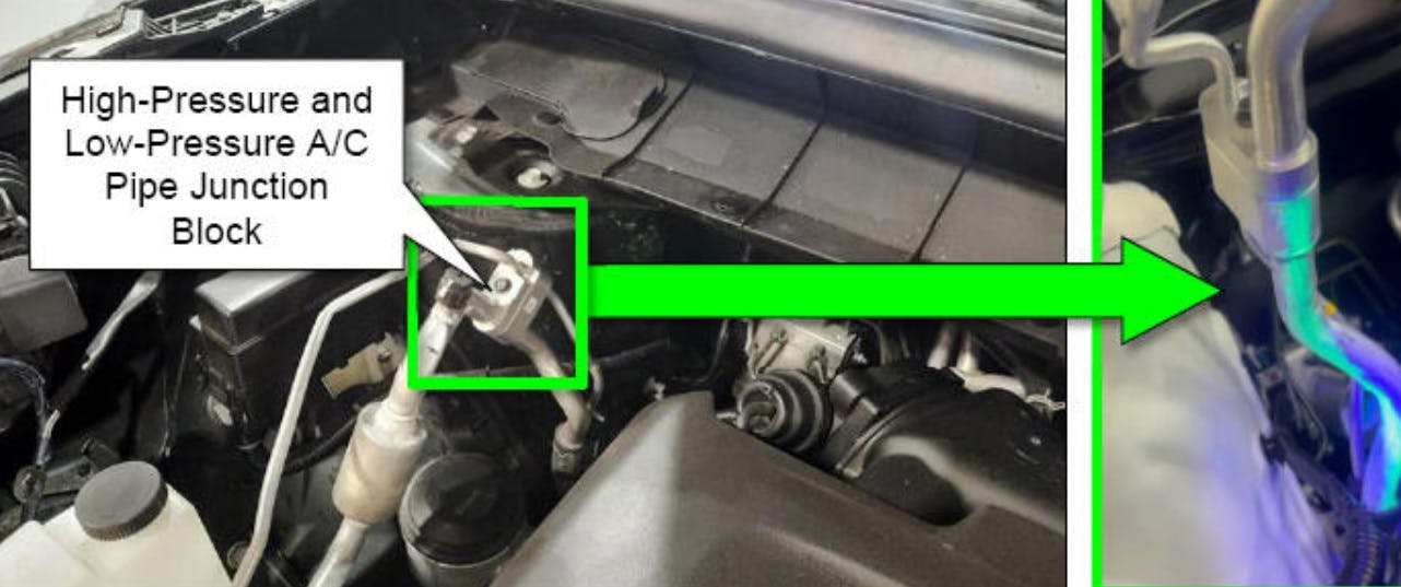 Note: location of the A/C pipe junction block.