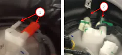 At left is example of disconnected fuel breather tubes (red cover present). At right is example of breather tubes connected properly. At left is example of disconnected fuel breather tubes (red cover present). At right is example of breather tubes connected properly.