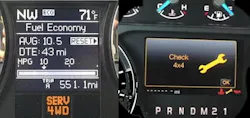 Dash warning messages vary by manufacturer, but both are telling the technician that the 4WD system has detected a fault. The Ram display on the left shows a “SERV 4WD” message, while the Ford display on the right shows “Check 4x4.” Dash warning messages vary by manufacturer, but both are telling the technician that the 4WD system has detected a fault. The Ram display on the left shows a “SERV 4WD” message, while the Ford display on the right shows “Check 4x4.”