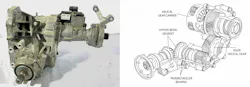GM AWD SUV transfer case. The complete unit is shown on the left, while the cutaway on the right shows the internal geartrain, including the hypoid bevel gearset and helical gear arrangement used to route torque through the unit. GM AWD SUV transfer case. The complete unit is shown on the left, while the cutaway on the right shows the internal geartrain, including the hypoid bevel gearset and helical gear arrangement used to route torque through the unit.