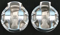 Examples of two opposing-bank asymmetric pistons. Each piston features a wider skirt for the major thrust side and a narrower skirt for the minor thrust side. Pistons are identified for bank position with an “L” for left bank and “R” for right bank. Examples of two opposing-bank asymmetric pistons. Each piston features a wider skirt for the major thrust side and a narrower skirt for the minor thrust side. Pistons are identified for bank position with an “L” for left bank and “R” for right bank.