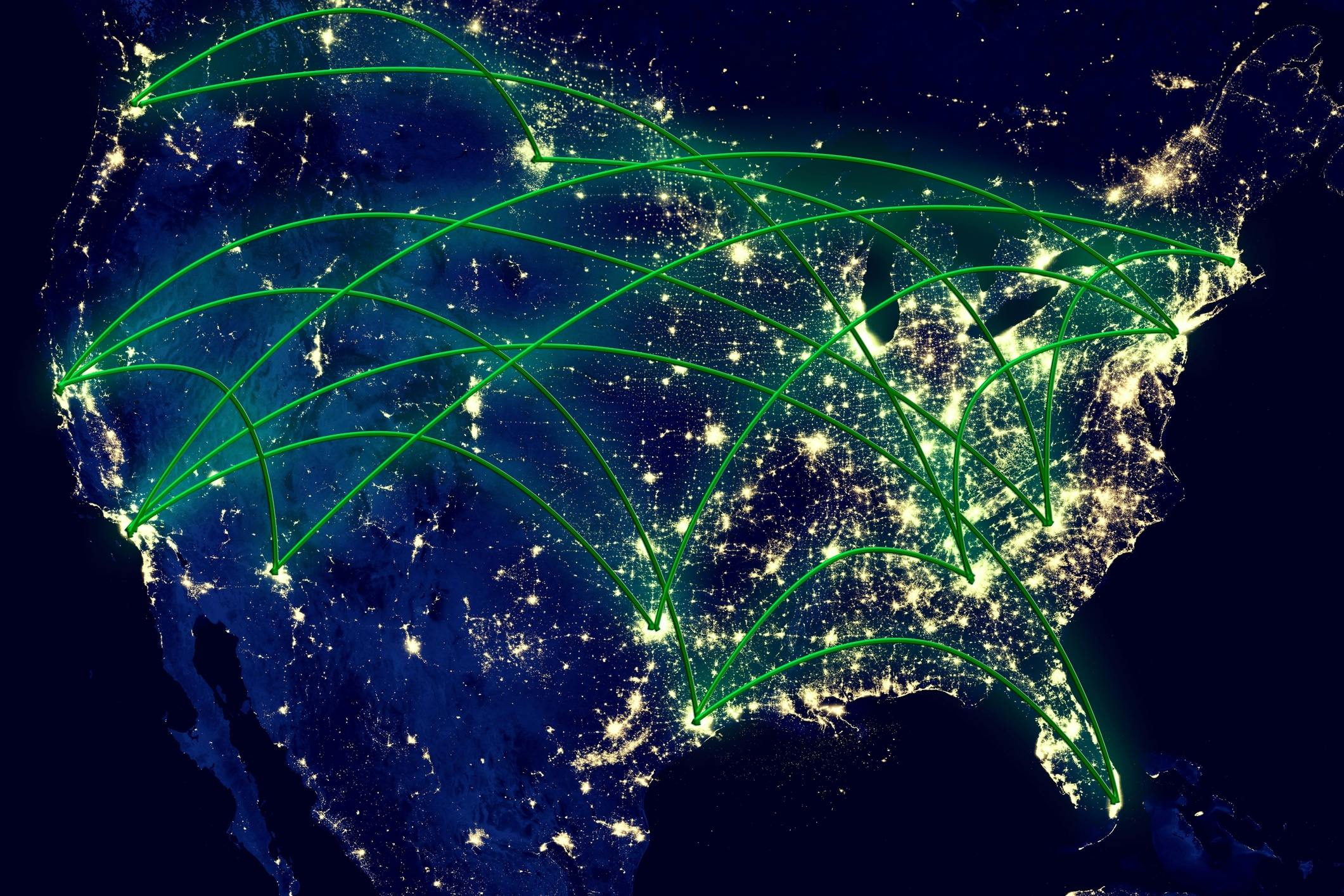 United States night network map from space.