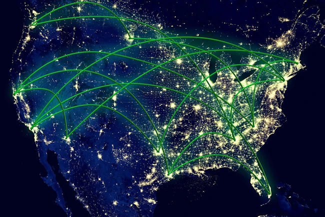 United States night network map from space.