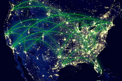 United States night network map from space.
