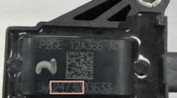 The date code on this example coil is 24730 (July 30, 2024). Each ignition coil has an 11-character alphanumeric manufacture code printed on top. The second through sixth characters of the manufacture code are the date code.