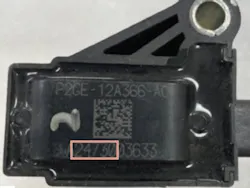 The date code on this example coil is 24730 (July 30, 2024). Each ignition coil has an 11-character alphanumeric manufacture code printed on top. The second through sixth characters of the manufacture code are the date code.