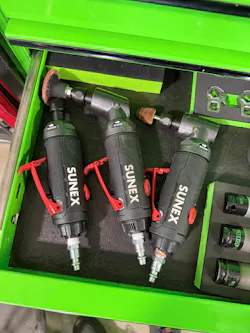 I keep each of the Sunex Tools ready with a different attachment, so I can quickly change between different grinders on the job.